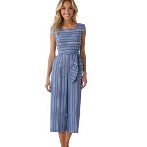 Tahari Size 4 Blue Striped Sleeveless Cropped Jumpsuit
